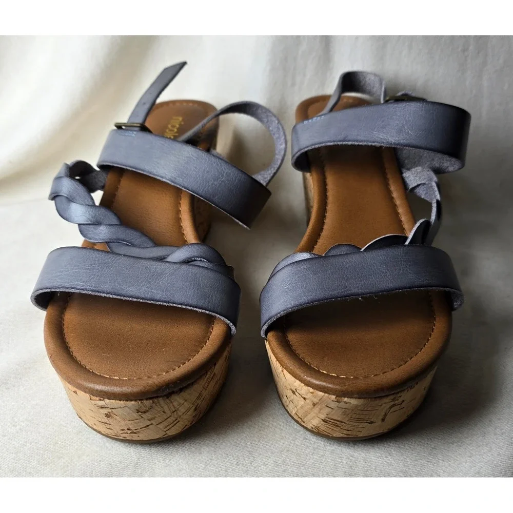 Nicole Debbie 9.5 Sandles Strappy Leather Blue Slate Wedge Platform‎ #2490